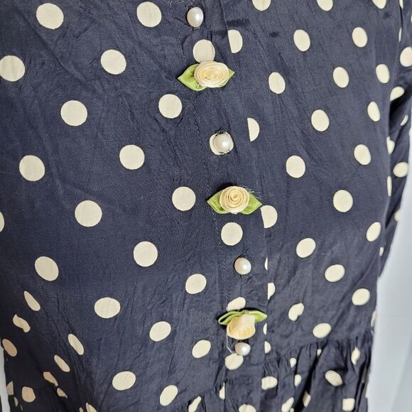 VINTAGE 70s dress black polka dot lace babydoll midi 10 - Picture 6 of 13